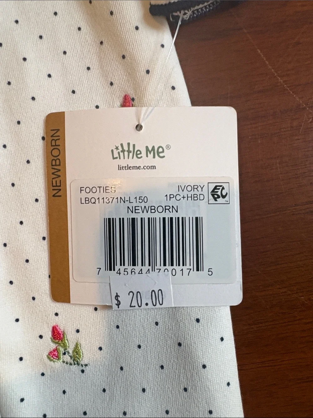 Little Me White One-Piece Footie with Navy Trim and Pink Floral Accents